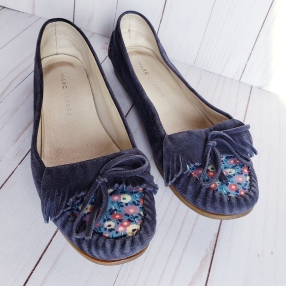 Marc Jacobs Floral Suede Driving Moccasins Blue 38